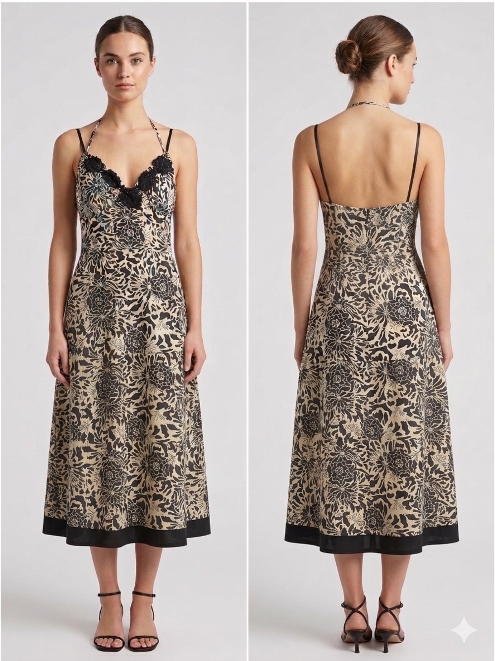 Signature by Sangria Black & Cream Floral Lace-Trim Midi Dress